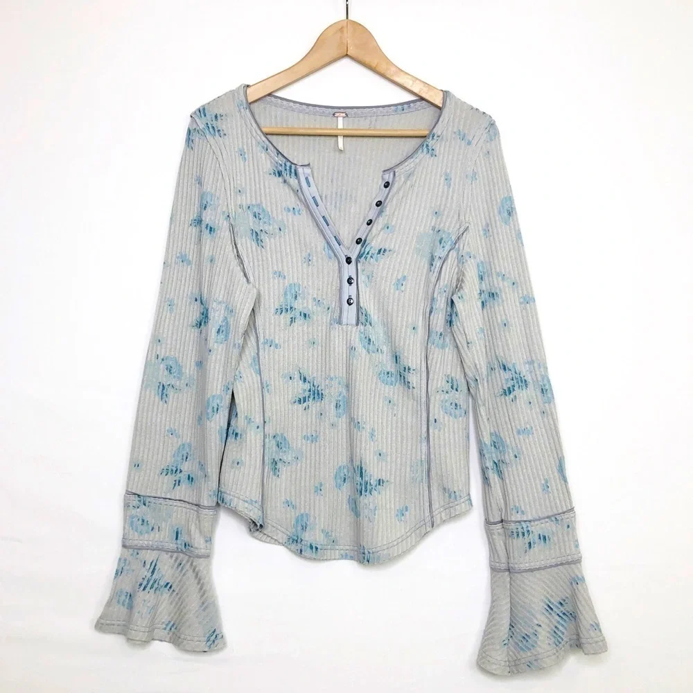 Free People Layer me Henley tie dye top with bell sleeves